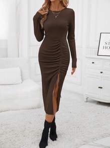 SHEIN Clasi 女士實色束腰側開叉連身裙 - 咖啡 - 查看 1