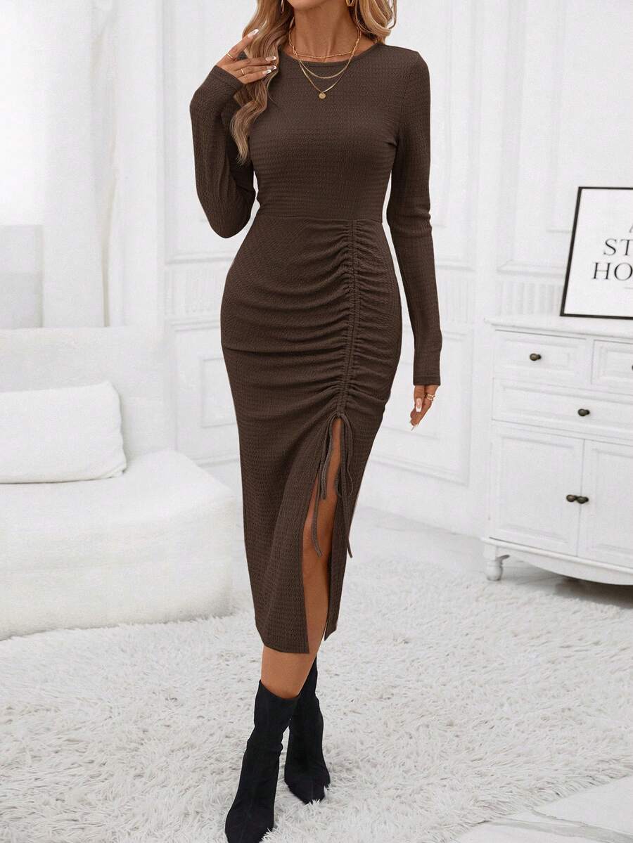 SHEIN Clasi 女士實色束腰側開叉連身裙 - 咖啡 - 查看 1