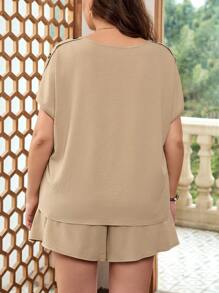 SHEIN LUNE Plus Size 2 Piece Set Apricot Top & Shorts, Loose Casual Button Decor Outfit For Women