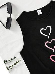 SHEIN Tween Girls' Casual Simple Heart Pattern Regular Tank Top Suitable For Summer - Black - View 3