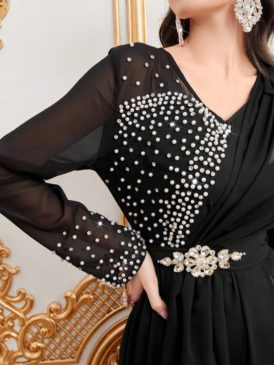 Women'S Beaded & Rhinestone Decorated Pleated Dress