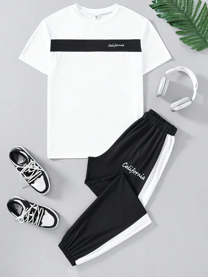 青少年男孩字母印花二件套裝