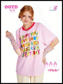 SHEINNeu 儿童风卡通图案字母撞色T恤 粉色宽松T恤 生日情人节露脐上衣 图案T恤 工作女装 春假粉色女装 约会之夜上衣 夏季 - 粉色 - 查看 3