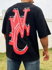 Manfinity Homme Men's Plus Size Loose Fit Letter Print Round Neck T-Shirt - Black - View 1