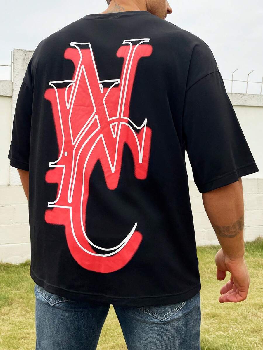 Manfinity Homme Men's Plus Size Loose Fit Letter Print Round Neck T-Shirt - Black - View 1
