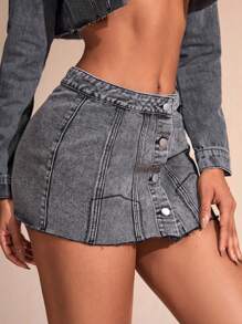 SHEIN BAE Fold Over Waist Mini Denim Skirt - Black - View 4