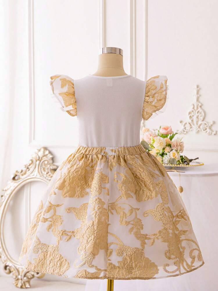 Tween Girls' Dreamy Princess Style Embroidered Round Neck Flutter Sleeve Dress