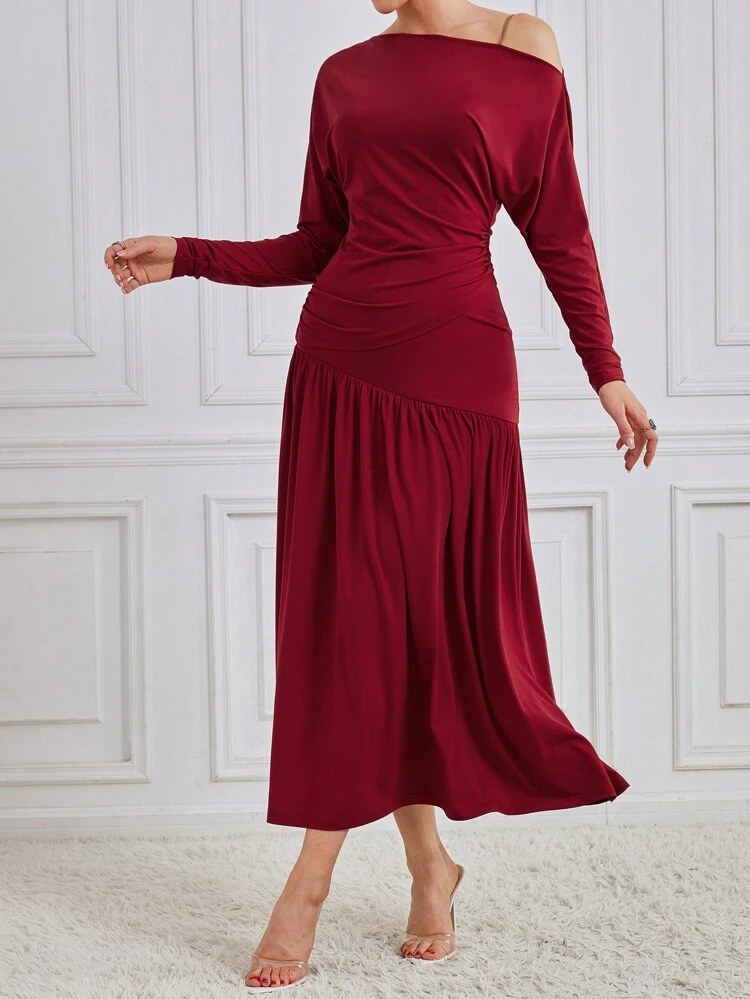 Burgundy Red Ladies' Solid Color Asymmetrical Neck Ruched Top And Skirt Set 2 Piece Set