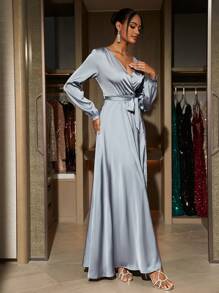 SHEIN Belle Bridesmaid Dress With V-Neck, Long Sleeves And High Slit Elegant Formal Evening Prom Wedding Guest Gown, For Graduation, Dinner