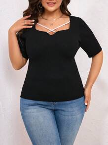 SHEIN Clasi Women's Plus Size Asymmetric Neck Ribbed Knit Top - Black - View 6