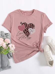 Calvaya Plus Size Women's Heart Leopard Print Round Neck Short Sleeve T-Shirt Graphic Cheetah Print Tees Women Tops