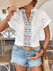 Breezaya Women'S Geometric Pattern Woven Belt Batwing Short Sleeve Blouse