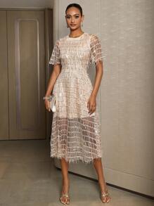 SHEIN Belle Women's Sequin Mesh Short Sleeve Cocktail Party Dress With Patchwork - Apricot - View 1