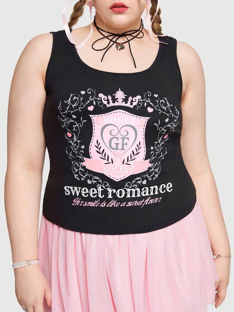 Sweet Tight-Fitting Crown Printed Lady Tank Top For Summer In Plus Sizes, Cute And Figure-Hugging
