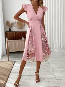 SHEIN Clasi Women's Contrast Mesh Flower Embroidery V-Neck Ruffle Edge Trim Decor Dress - Pink - View 3