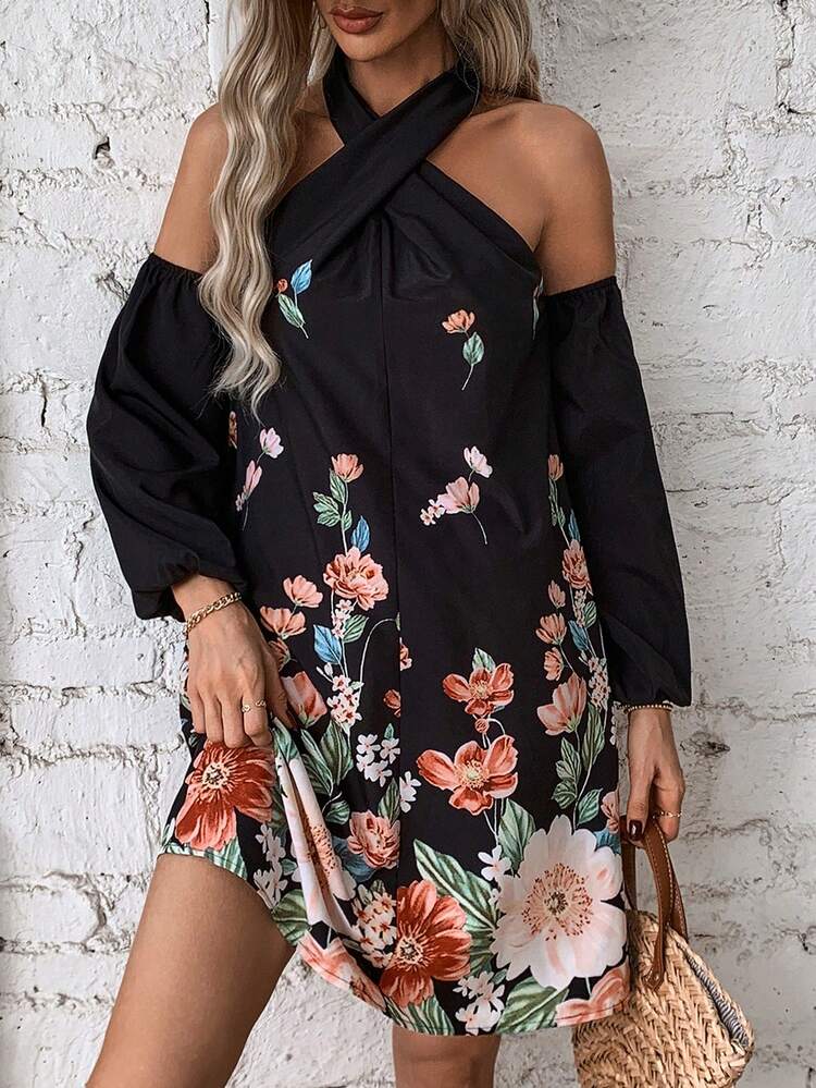 Floral Open Shoulder Halterneck Dress Fall Cloth For Women