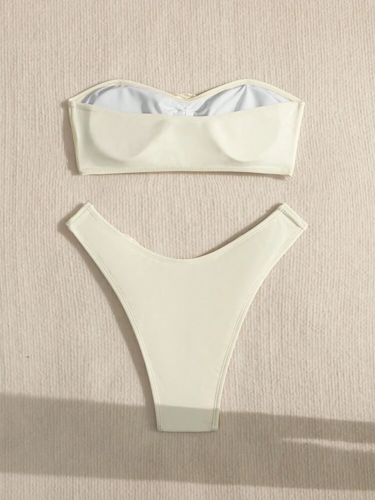 Summer Women's Solid Color Strapless Bikini Set With 3d Flower Decoration Wedding