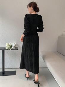 DAZY Ladies' Solid Color Jacquard Side Slit Dress,Fall Dress Long Sleeve Dress - Black - View 2