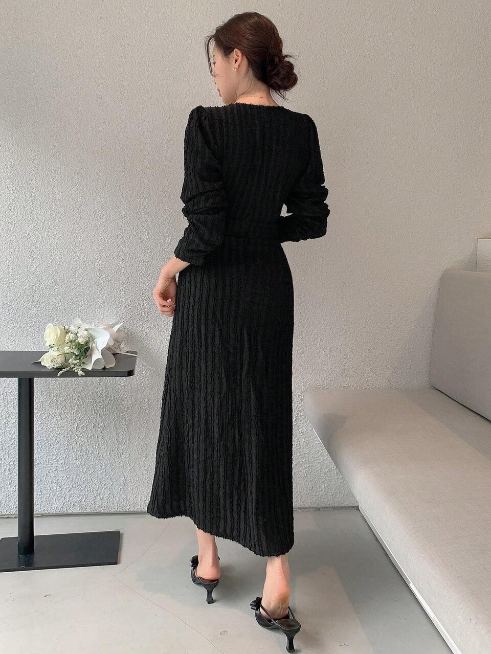 Ladies' Solid Color Jacquard Side Slit Dress,Fall Dress Long Sleeve Dress