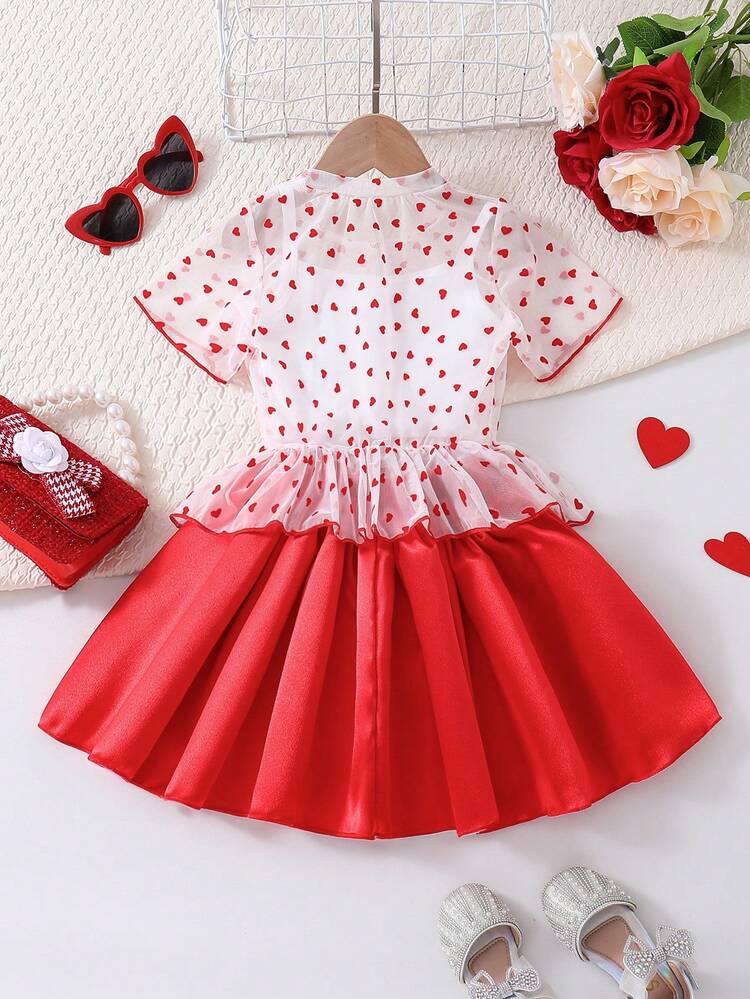 Young Girls' Valentine's Day Heart Flocking Mesh Casual Party Red & White Two Pieces Set
