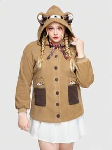 ROMWE Kawaii Của phụ nữ Áo trùm đầu Với Thêu Gấu - Màu Khaki - Xem 4