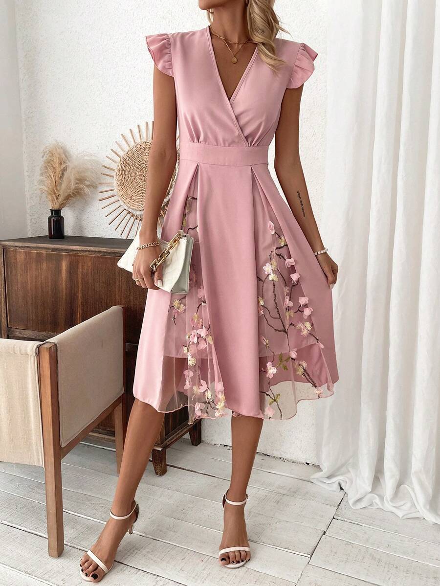 SHEIN Clasi Women's Contrast Mesh Flower Embroidery V-Neck Ruffle Edge Trim Decor Dress - Pink - View 1