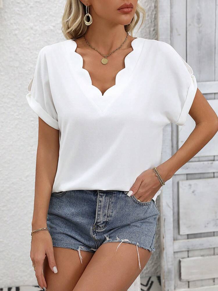 Women's Solid Color T-Shirt With Hollow Out Sleeves And Scallop Hem