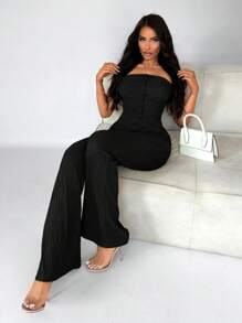 SHEIN SXY Vrouwen Sexy Voorpand met knoppen Tube tops & Wijduitlopende broek Met Getextureerd Kledingstof , 2 st./set