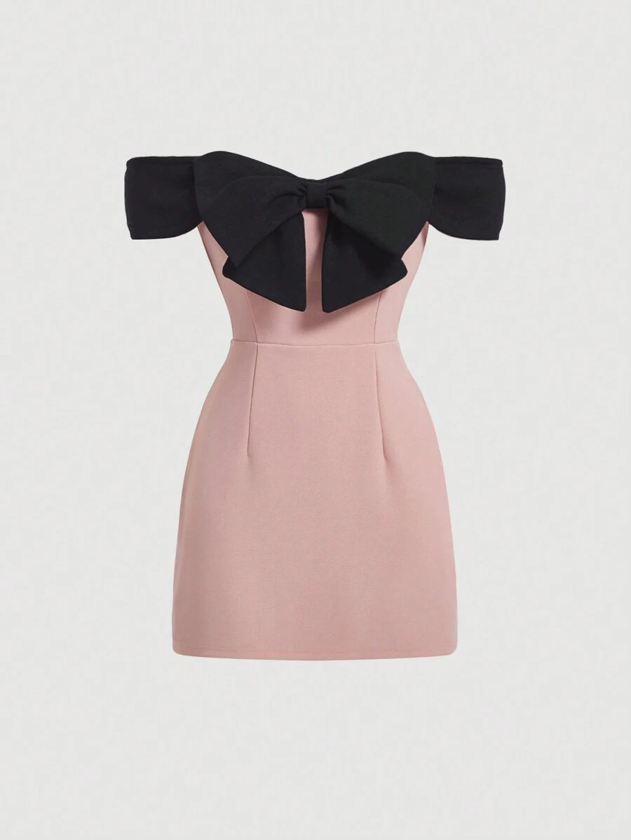 SHEIN MOD Women's Black Pink Color Block Off Shoulder Date Night Dress With Bow Detail - Pink - View 1