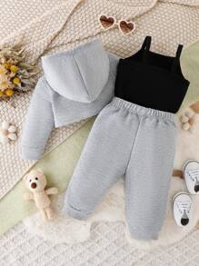 Baby Mädchen Casual Sportlich Hoodie, Tank Top Und Hose Set Mit Minimalistischem Buchstaben-druck-design, Frühling Und Herbst