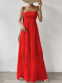 Breezaya 女士纯色褶皱无肩带连衣裙，适合新年穿着，可作长款度假沙滩装 - 紅色 - 查看 5