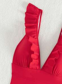 SHEIN Swim Traje De Baño De Una Pieza Para Mujeres Con Cuello En V Y Adornos De Volantes - Rojo - Ver 6