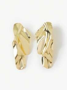 SHEIN X Lucía Bellido SHEIN BAE 1pair Metallic Pleated Design Stud Earrings - Gold - View 3