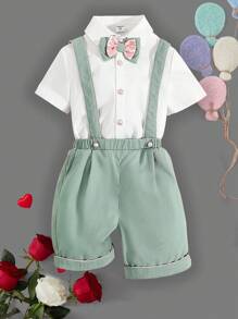 Toddler Boys' Bow Tie Short Sleeve Shirt With Suspenders Shorts Set - White - View 1