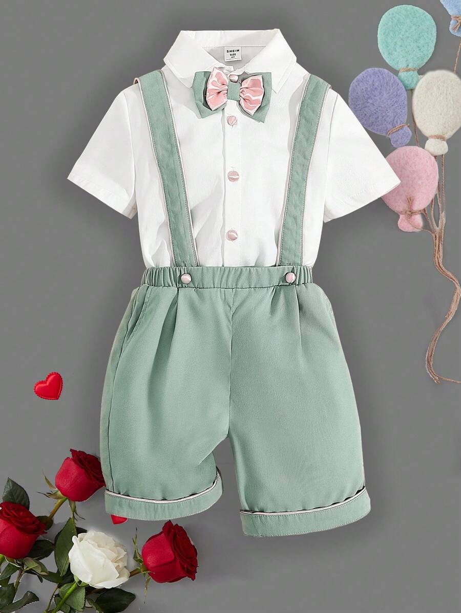 Toddler Boys' Bow Tie Short Sleeve Shirt With Suspenders Shorts Set - White - View 1