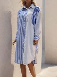 SHEIN Clasi 女用條紋拼布正面羈絆洋裝 - 藍白色 - 查看 4