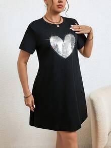 Calvaya Plus Size Sparkling Heart Pattern Dress - Black - View 4