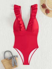 SHEIN Swim Traje De Baño De Una Pieza Para Mujeres Con Cuello En V Y Adornos De Volantes - Rojo - Ver 7