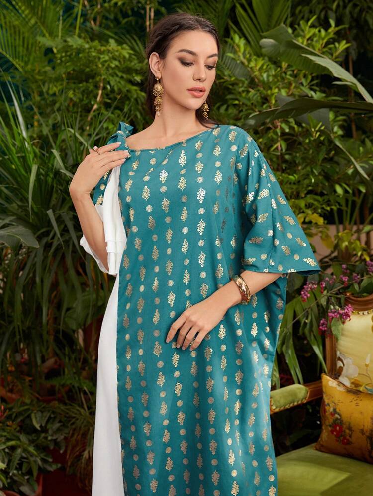 Women'S Color Block Patchwork Dress With Asymmetrical Collar, Foil Print