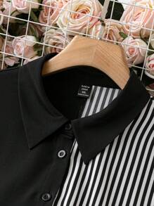 SHEIN Clasi فستان قميص مخطط للنساء بمقاس كبير، صيفي - الأسود - مشاهدة 5