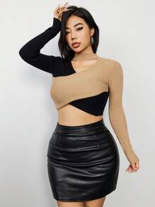 SHEIN Unity Colorblock Round V-Neck Sweater In Khaki Knit Pullover Fall Winter Sweater - Khaki - View 3