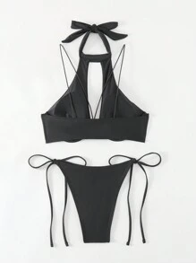 Swim Vcay Bộ Bikini Cổ Dây Màu Trơn Có Nội Y Rỗng Ra Bộ Bikini Lễ Hội Âm Nhạc Bãi Biển Mùa Hè - màu đen - Xem 2