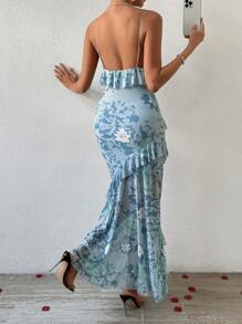 Breezaya 花卉印花荷葉邊 V 領細肩帶洋裝 - 藍色 - 查看 2