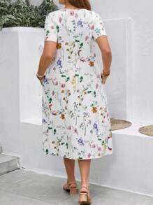 EMERY ROSE Plus Size Women's Casual Floral Print Natural Loose Short Sleeve A-Line Dress With Side Pockets For Spring For Summer,Beach Dress Sundress,Holiday Outfits Boho