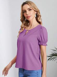 SHEIN Clasi Ladies' Hollow Out Puff Sleeve Solid Color Shirt - Violet Purple - View 5