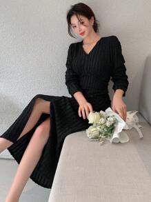 DAZY Ladies' Solid Color Jacquard Side Slit Dress,Fall Dress Long Sleeve Dress - Black - View 1