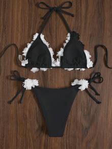 3d花卉裝飾和側邊打結設計的比基尼套裝 - 黑與白 - 查看 3