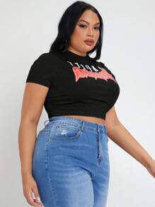 SHEIN SXY Rozmiar Plus Damski Krótki Rękaw Szczupły Litera Nadrukowany Koszulka