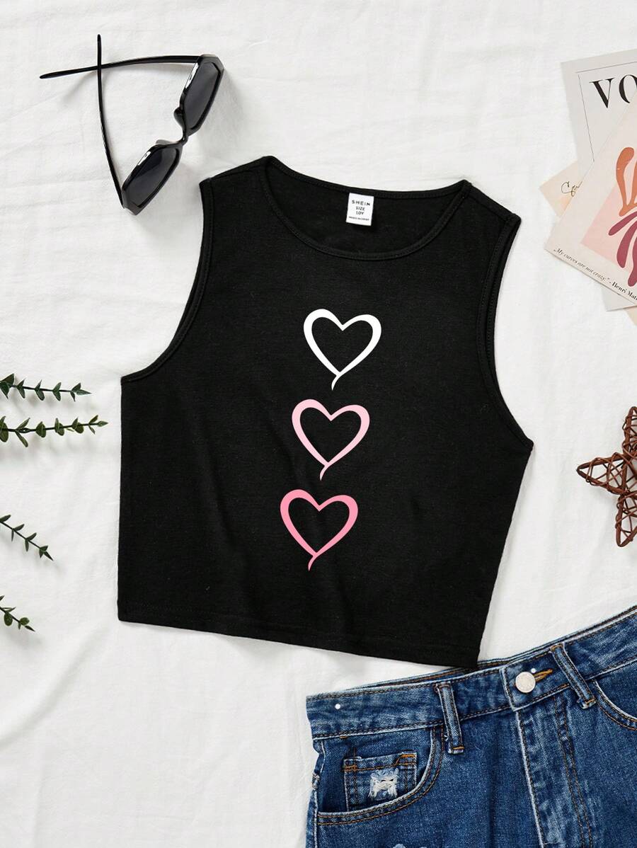SHEIN Tween Girls' Casual Simple Heart Pattern Regular Tank Top Suitable For Summer - Black - View 1