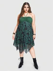 ROMWE Goth 大码女式蝙蝠与植物印花拼接不对称下摆吊带连衣裙 - 墨綠色 - 查看 1